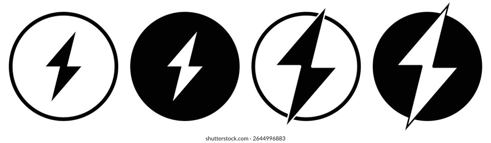 ícone de vetor de um raio em quatro estilos contornados e preenchidos. Símbolos pretos e brancos de alto contraste representando eletricidade, energia ou energia. isolado em fundo branco.