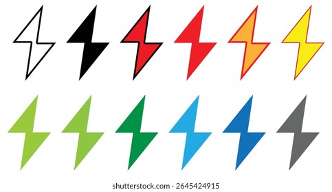 vector icon of a lightning bolt in four styles outlined and filled. High contrast black and white symbols representing electricity, power or energy. isolated on white background.