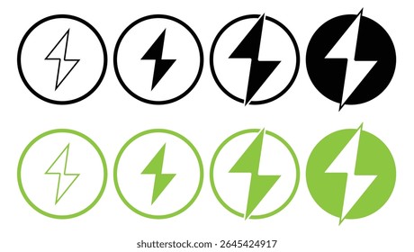 vector icon of a lightning bolt in four styles outlined and filled. High contrast black and white symbols representing electricity, power or energy. isolated on white background.