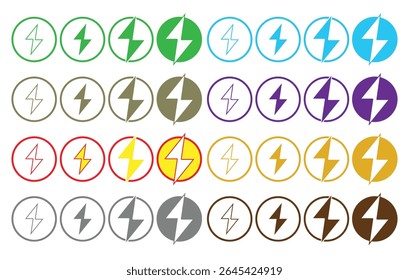 vector icon of a lightning bolt in four styles outlined and filled. High contrast black and white symbols representing electricity, power or energy. isolated on white background.