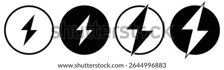 vector icon of a lightning bolt in four styles outlined and filled. High contrast black and white symbols representing electricity, power or energy. isolated on white background.