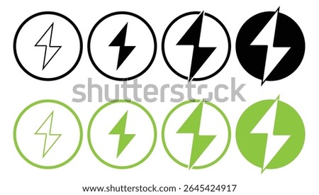 vector icon of a lightning bolt in four styles outlined and filled. High contrast black and white symbols representing electricity, power or energy. isolated on white background.