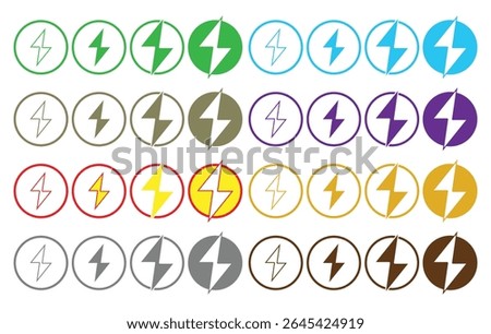 vector icon of a lightning bolt in four styles outlined and filled. High contrast black and white symbols representing electricity, power or energy. isolated on white background.