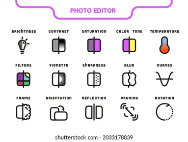 Vector icon line and fill set. Photo editor collection: brightness, contrast, saturation, hue, temperature, filters, vignette, sharpness, blur, curves, frame, orientation, reflection, crop, rotation