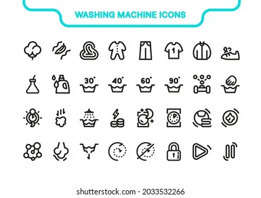 Vector icon line and fill set. Washing machine elements collection: mode, drying, manual, spinning, draining, deferred, intensive, temperature, eco, water, material, cotton, silk, jeans, synthetics