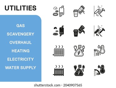 Línea de icono del vector y juego de relleno. Colección de utilidades: gas, despilfarro, revisión general, calefacción, electricidad, suministro de agua. 