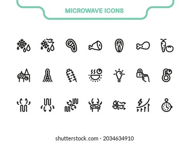 Vector icon line and fill simple set. Microwave sign collection: mode, quick defrost, beef, pork, chicken, fish, vegetables, Russian, French, Italian, cuisine, cooking, child lock, temperature, timer