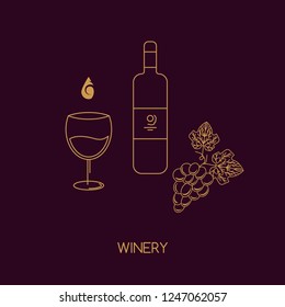 Vector icon line style set of wine bottle, grape and glass.