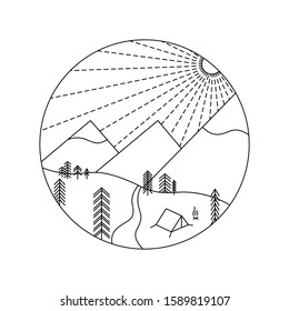Vector icon line view nature camping with snowing mountain winter in a circle round
