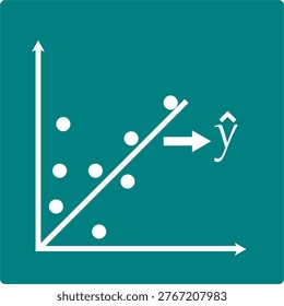 Vector icon of a linear regression model featuring scatter plot points, a diagonal best‑fit line, and a predicted value indicator, designed in a teal punched‑out style for data science and AI applications.
