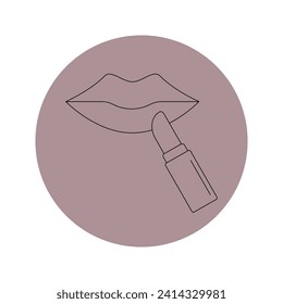 Vector icon of lips and lipstick in a pink circle on a white background.