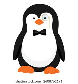 Vector icon little penguin. Cute baby penguin. Penguin cartoon character with bow tie and monocle isolated on white background. Gentleman penguin.