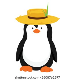 Vector icon little penguin. Cute baby penguin. Penguin cartoon character in  straw farmer hat isolatedon white background