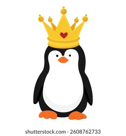 Vector icon little penguin. Cute baby penguin. Penguin cartoon character in golden crown