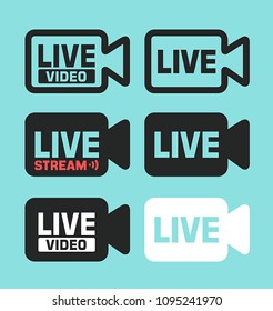 Vector Icon Live and Online Video. Icon of the silhouette of the camera with the text: Live Video, Live Stream.