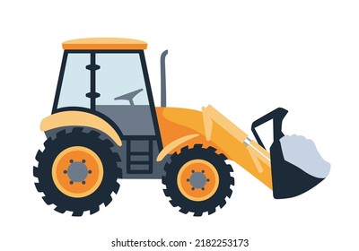 Vector Icon Of Loader, Illustration Of Heavy Equipment With Excavator Bucket, Construction Tractor In Flat Style