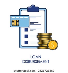 Vector icon for loan disbursement with credit card, clipboard, and stacked coins.