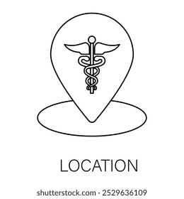 Icono de Vector para la Locación. Alfiler de mapa con un símbolo de cruz médica que representa la ubicación del centro de atención médica.