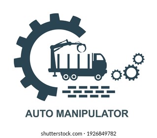 Vector icon of the log truck logo. Production and delivery of cruises. Automotive hydraulic manipulator.