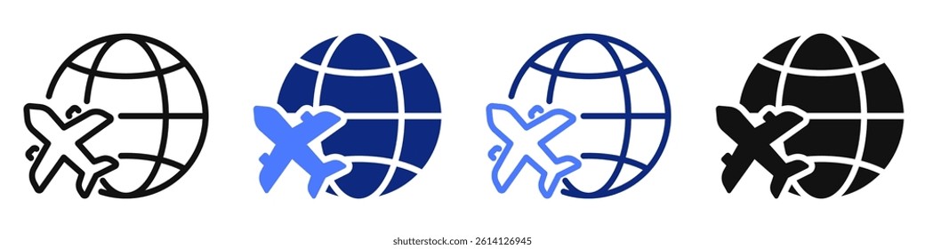 Vector icon or logo of airplane and globe related to air transport, travel and vacation, cargo industry. Symbol for website or app UI, logo design, illustration