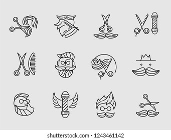 Vector icon and logo for barbershop and beauty saloon . Editable outline stroke size. Line flat contour, thin and linear design. Simple icons. Concept illustration. Sign, symbol, element.