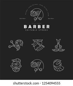 Vector icon and logo for barbershop and beauty saloon . Editable outline stroke size. Line flat contour, thin and linear design. Simple icons. Concept illustration. Sign, symbol, element.