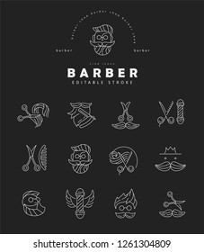 Vector icon and logo for barbershop and beauty saloon . Editable outline stroke size. Line flat contour, thin and linear design. Simple icons. Concept illustration. Sign, symbol, element.