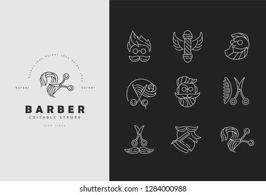 Vector icon and logo for barbershop and beauty saloon . Editable outline stroke size. Line flat contour, thin and linear design. Simple icons. Concept illustration. Sign, symbol, element. - Shutterstock ID 1284000988