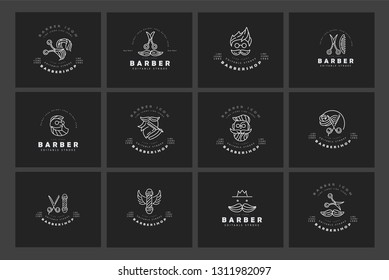 Vector icon and logo for barbershop and beauty saloon . Editable outline stroke size. Line flat contour, thin and linear design. Simple icons. Concept illustration. Sign, symbol, element.