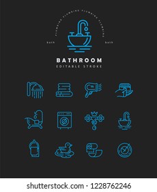 Vector icon and logo of bathroom. Editable outline stroke size. Line flat contour, thin and linear design. Simple icons. Concept illustration. Sign, symbol, element.