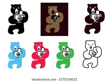 Vector icon, logo of a bear with a camera. Color options. Photographer Bear.