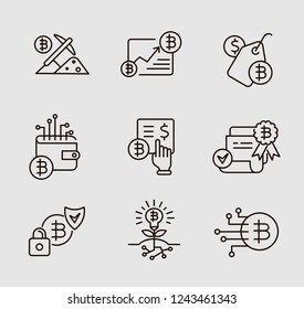Vector icon and logo bitcoin and cryptocurrency. Editable outline stroke size. Line flat contour, thin and linear design. Simple icons. Concept illustration. Sign, symbol, element.
