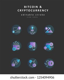 Vector icon and logo bitcoin and cryptocurrency. Editable outline stroke size. Line flat contour, thin and linear design. Simple icons. Concept illustration. Sign, symbol, element.