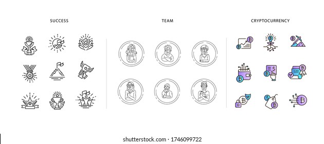 Vector icon and logo business people character avatars, creative team, bitcoin and cryptocurrency and success. Editable outline stroke size. Line flat contour, thin and linear design. Sign, symbol.