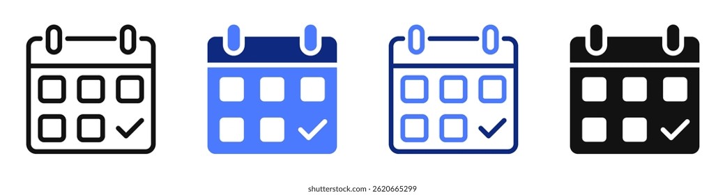 Vector icon or logo of calendar with checkmark related to business meeting, holiday or weekend, election day. Symbol for website or app UI, logo design, illustration