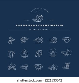 Vector icon and logo for car racing and championship. Editable outline stroke size. Line flat contour, thin and linear design. Simple icons. Concept illustration. Sign, symbol, element.