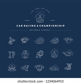Vector icon and logo for car racing and championship. Editable outline stroke size. Line flat contour, thin and linear design. Simple icons. Concept illustration. Sign, symbol, element.