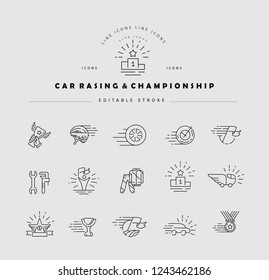 Vector icon and logo for car racing and championship. Editable outline stroke size. Line flat contour, thin and linear design. Simple icons. Concept illustration. Sign, symbol, element.