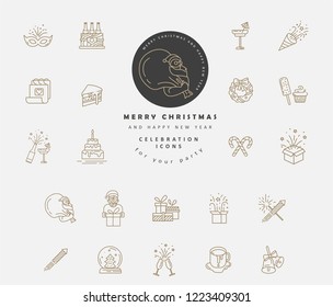 Vector icon and logo celebration Merry Christmas and Happy New Year . Editable outline stroke size. Line flat contour, thin and linear design. Simple icons. Concept illustration. Sign, symbol, element