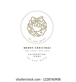 Vector icon and logo celebration Merry Christmas and Happy New Year . Editable outline stroke size. Line flat contour, thin and linear design. Simple icons. Concept illustration. Sign, symbol, element