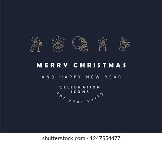 Vector icon and logo celebration Merry Christmas and Happy New Year . Editable outline stroke size. Line flat contour, thin and linear design. Simple icons. Concept illustration. Sign, symbol, element
