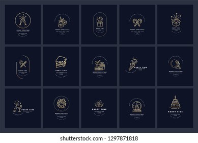 Vector icon and logo celebration Merry Christmas and Happy New Year . Editable outline stroke size. Line flat contour, thin and linear design. Simple icons. Concept illustration. Sign, symbol, element