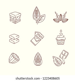 Vector icon and logo for chocolate and sweet. Editable outline stroke size. Line flat contour, thin and linear design. Simple icons. Concept illustration. Sign, symbol, element.