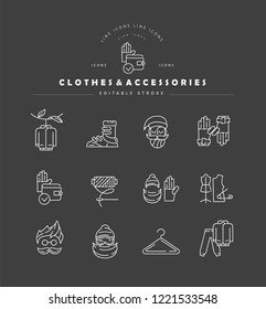 Vector icon and logo for clothes and accessories. Editable outline stroke size. Line flat contour, thin and linear design. Simple icons. Concept illustration. Sign, symbol, element.