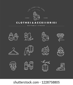 Vector icon and logo for clothes and accessories. Editable outline stroke size. Line flat contour, thin and linear design. Simple icons. Concept illustration. Sign, symbol, element.