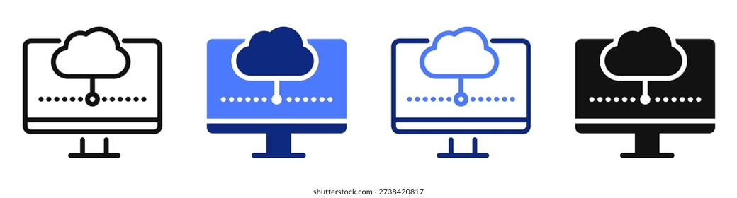 Vector icon or logo of cloud symbol on monitor screen related to internet and network, files downloading and transferring. Symbol for website or app UI, logo design, illustration