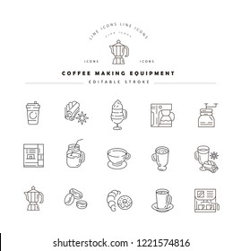 Vector icon and logo for coffee making equipment. Editable outline stroke size. Line flat contour, thin and linear design. Simple icons. Concept illustration. Sign, symbol, element.