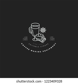 Vector icon and logo for coffee making equipment. Editable outline stroke size. Line flat contour, thin and linear design. Simple icons. Concept illustration. Sign, symbol, element.