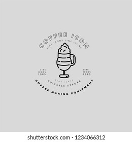 Vector icon and logo for coffee making equipment. Editable outline stroke size. Line flat contour, thin and linear design. Simple icons. Concept illustration. Sign, symbol, element.