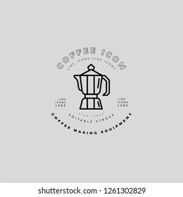 Vector icon and logo for coffee making equipment. Editable outline stroke size. Line flat contour, thin and linear design. Simple icons. Concept illustration. Sign, symbol, element.